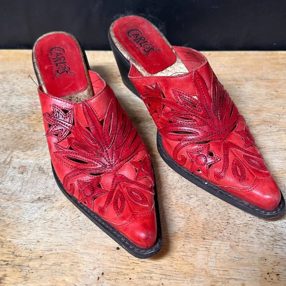 Carlos Red Cowboy Boots Size 6 Tanned Tooled Mule Clogs - Picture 9 of 9